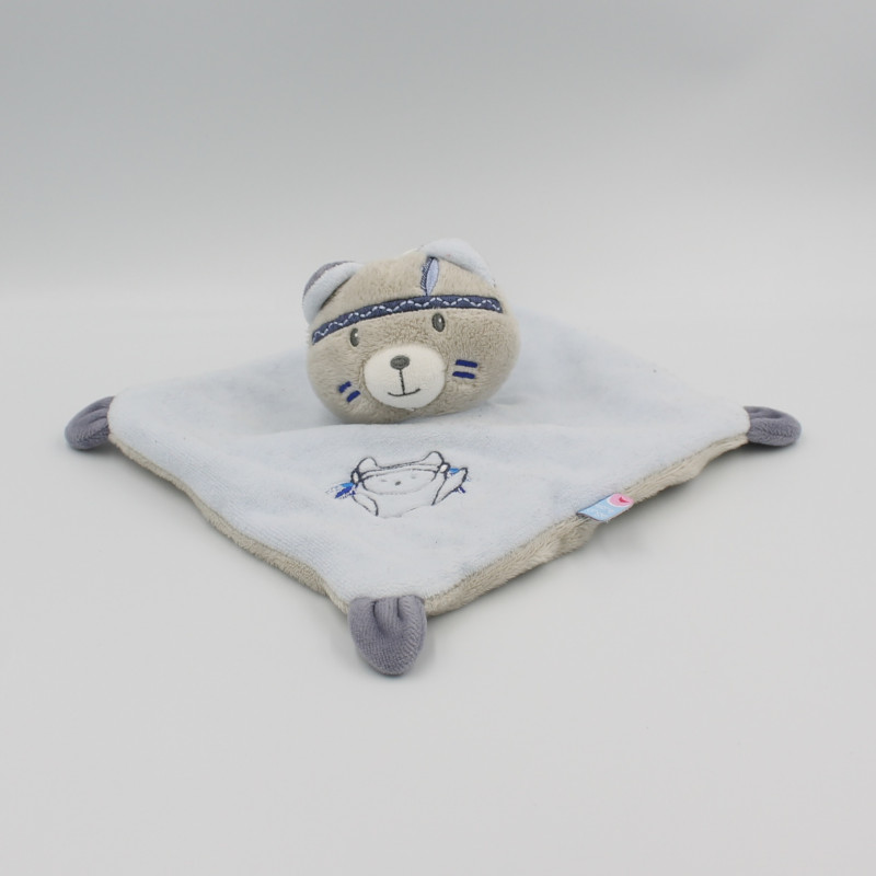 Doudou plat chat bleu gris beige indien SUCRE D'ORGE