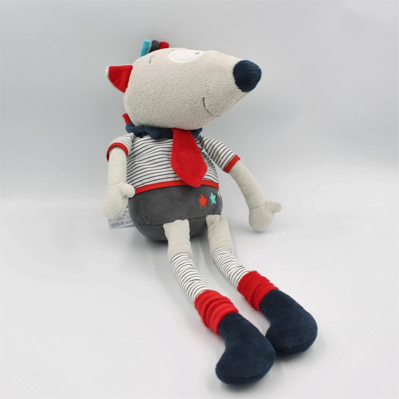 Doudou peluche loup Mister Bouh gris bleu noir rayé SAUTHON