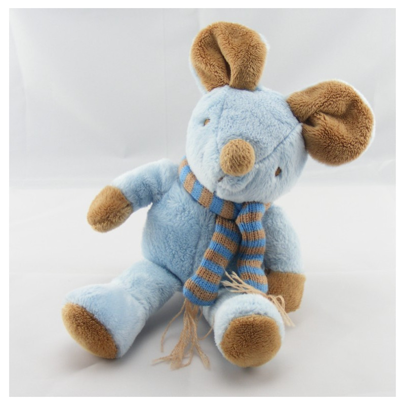 Doudou souris bleu écharpe rayé GRAINE D'EVEIL