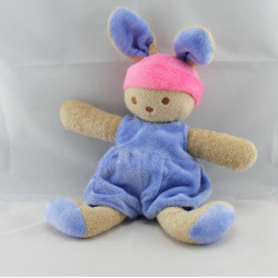 Doudou lapin salopette rose bonnet mauve NOUNOURS