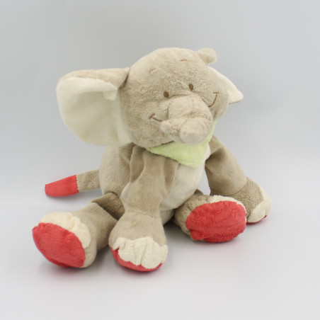 Doudou éléphant beige rouge foulard vert BENGY 30 cm