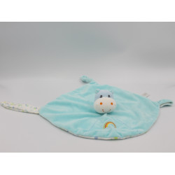 Doudou plat hippopotame bleu blanc arc en ciel GIPSY