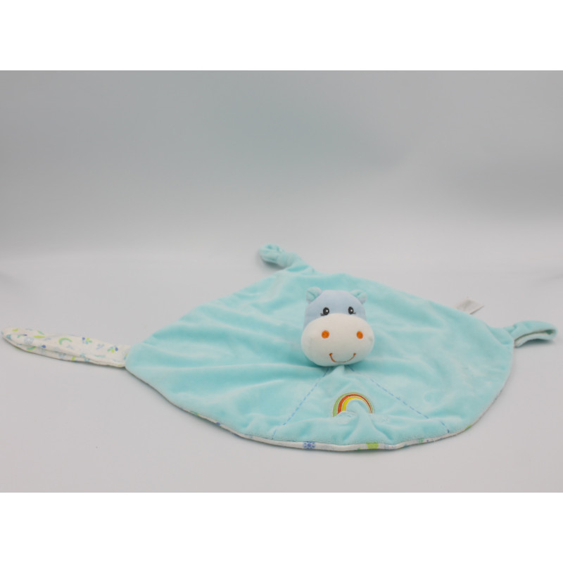 Doudou plat hippopotame bleu blanc arc en ciel GIPSY