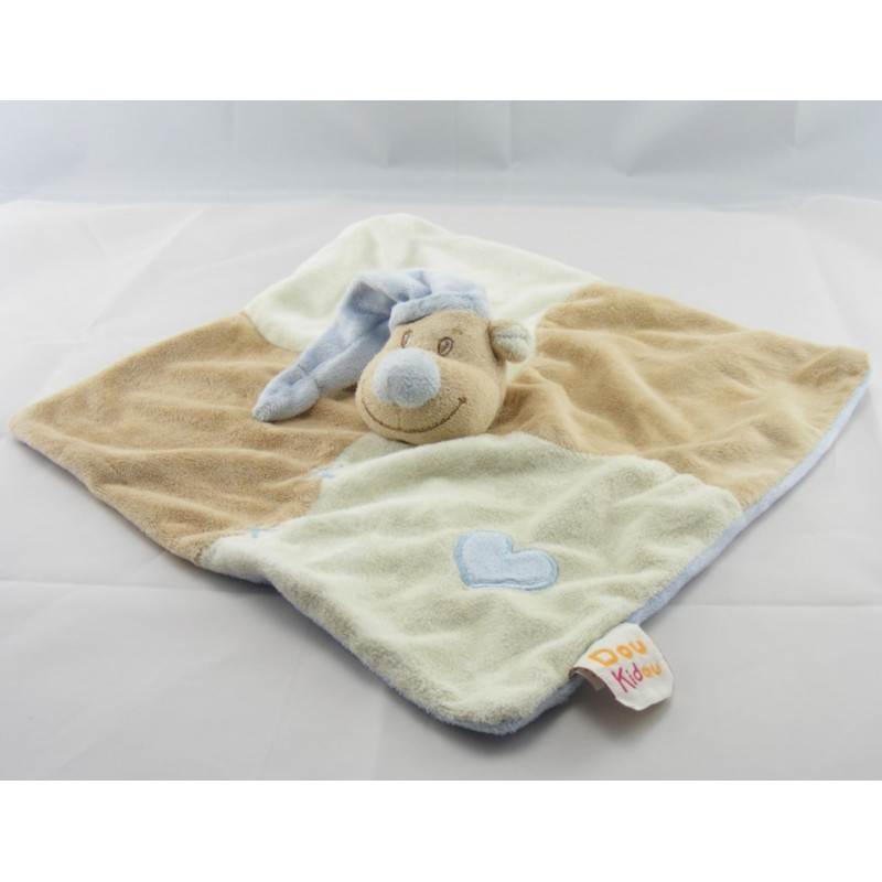 Doudou ours beige Tom bonnet bleu coeur DOUKIDOU