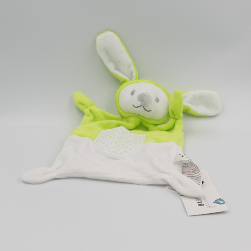 Doudou plat lapin vert blanc étoiles GRAIN DE BLE NEUF