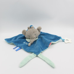 Doudou plat carré éléphant gris bleu FUNNY ZOO