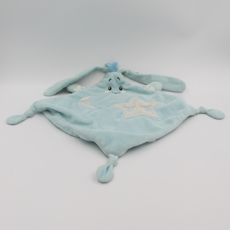 Doudou plat lapin bleu blanc étoile lune AUCHAN