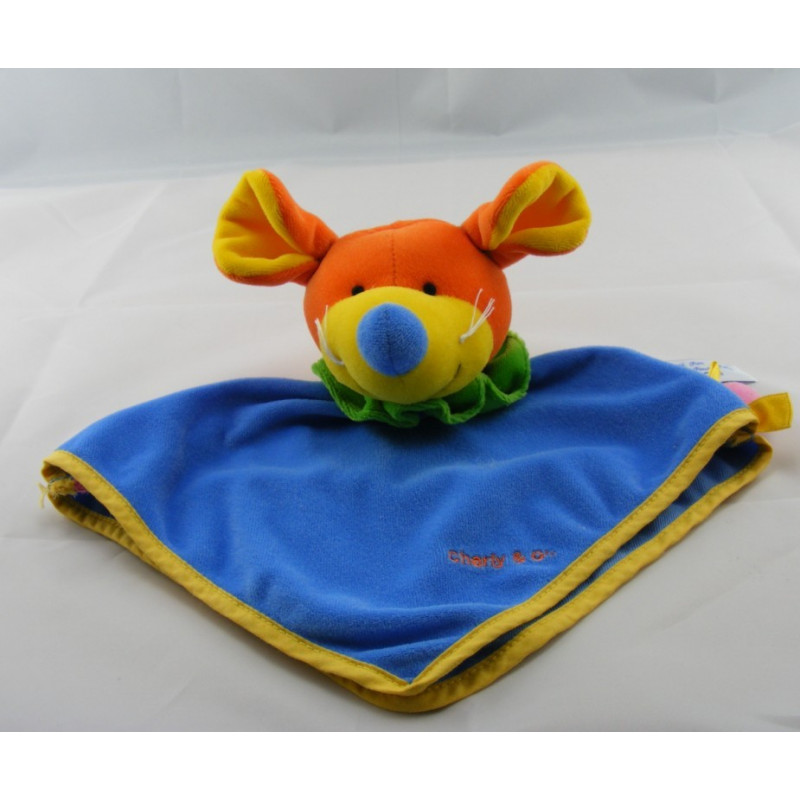 Doudou plat souris jaune bleu CHARLY ET CIE