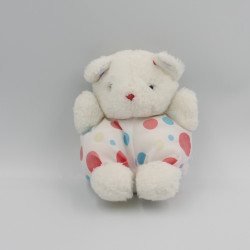 Ancien doudou peluche ours blanc pois rouge bleu vert jaune