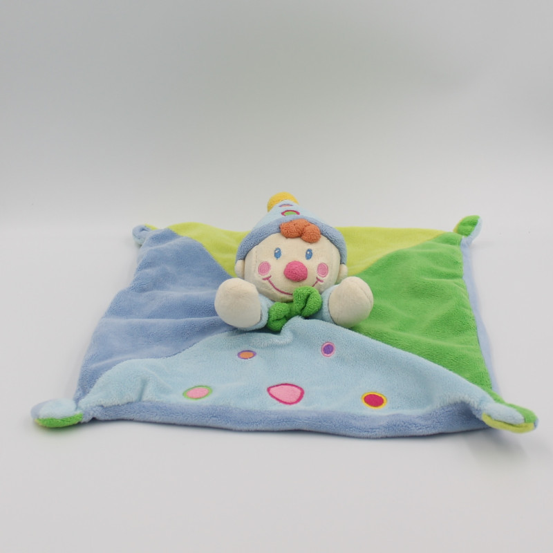 Doudou plat clown bleu vert NICOTOY