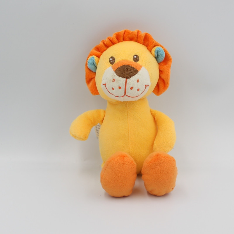 Doudou lion jaune orange vert bleu BAMBIA