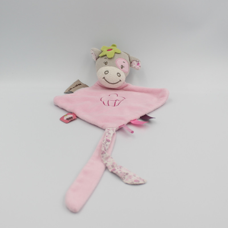 Doudou plat triangle vache grise rose Alizée Nattou