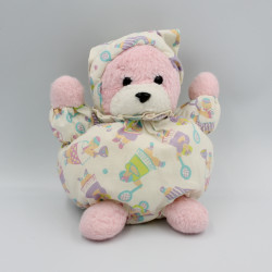 Ancienne peluche doudou ours rose blanc raquettes AJENA