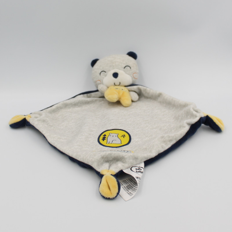 Doudou plat ours gris bleu jaune Ma petite montagne MOTS D'ENFANTS