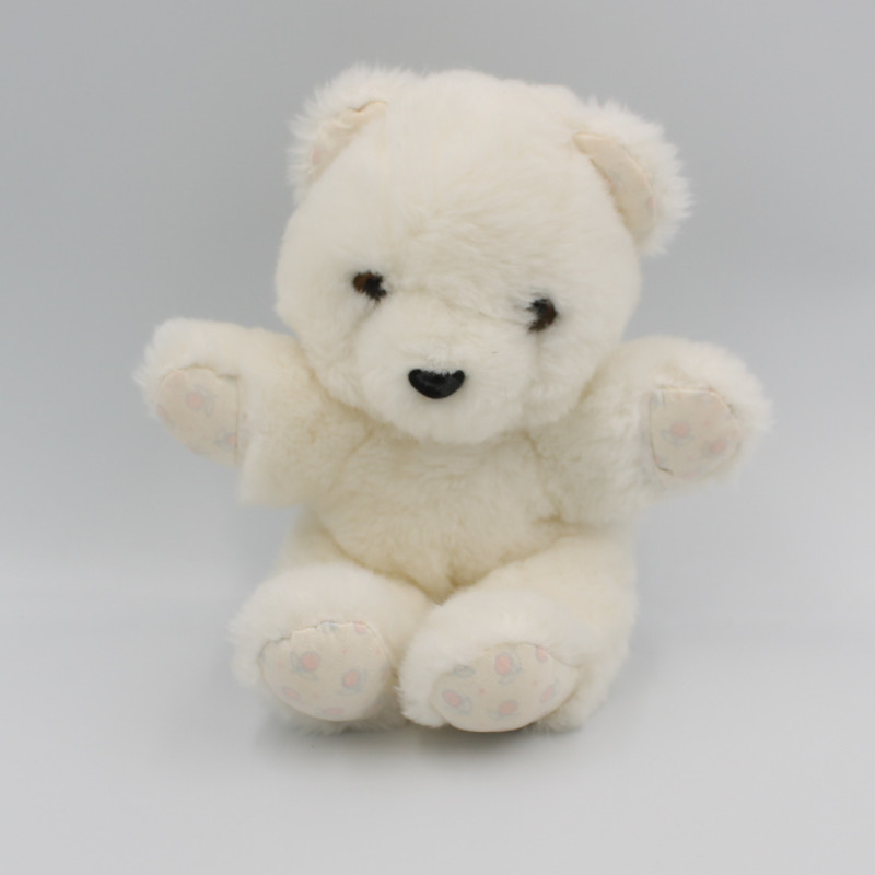 Ancienne Peluche ours blanc fleurs rouge AJENA