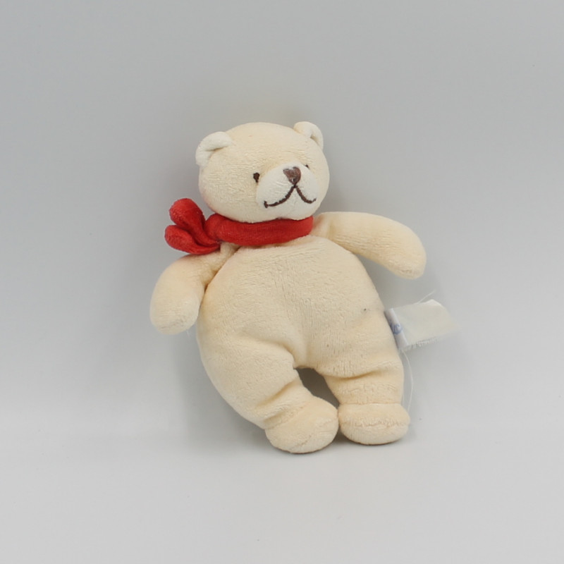 Mini Doudou ours écru beige écharpe rouge JACADI