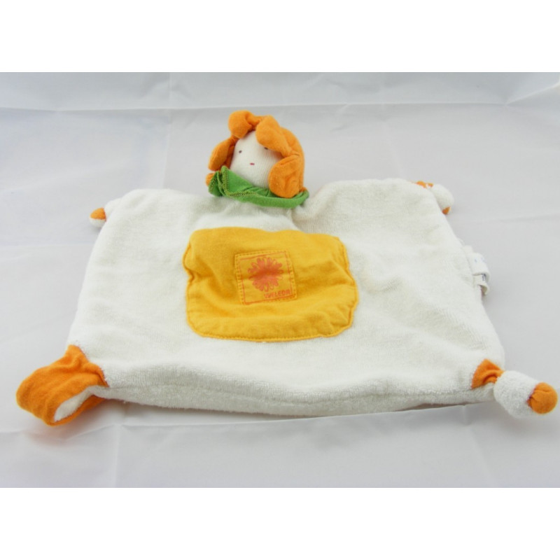 Doudou plat lutin fleur blanc orange vert WELEDA