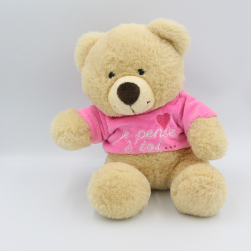 Doudou peluche ours beige pull rose Je pense à toi JEMINI