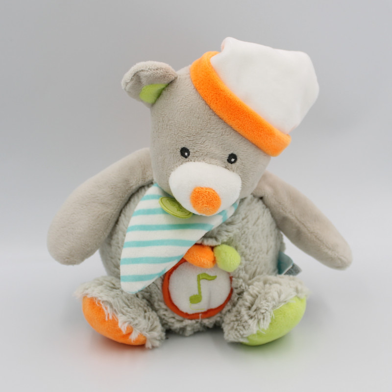 Doudou musical ours gris orange rayé bleu Oscar BABY NAT