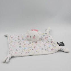 Doudou plat ours blanc rose bleu jaune fleurs feuilles ORCHESTRA