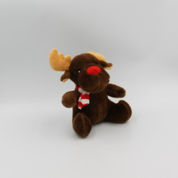 Doudou cerf renne marron écharpe rouge rayé FIZZY