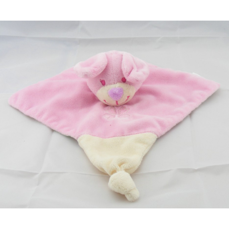 Doudou lapin rose fleurs vertes coeur TEX NEUF
