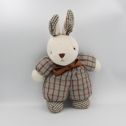 Ancienne Doudou lapin blanc marron vert vichy carreaux NOUNOURS