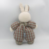 Ancienne Doudou lapin blanc marron vert vichy carreaux NOUNOURS