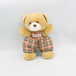 Ancien doudou ours beige salopette carreaux vert rouge NOUNOURS