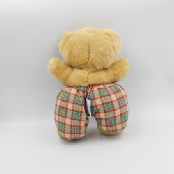 Ancien doudou ours beige salopette carreaux vert rouge NOUNOURS