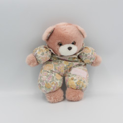 Ancien doudou ours rose vert jaune fleurs NOUNOURS