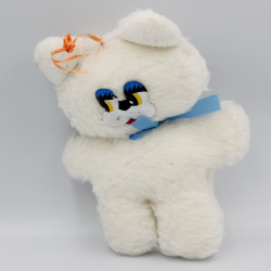 Ancienne peluche chat blanc ruban bleu