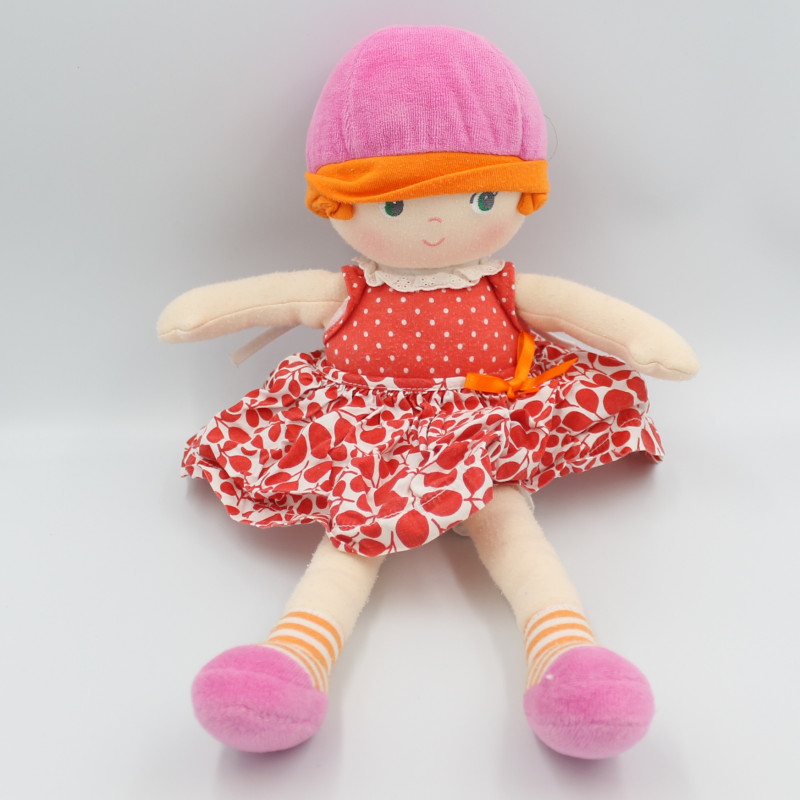 Doudou poupée chiffon rose rouge fleurs pois COROLLE