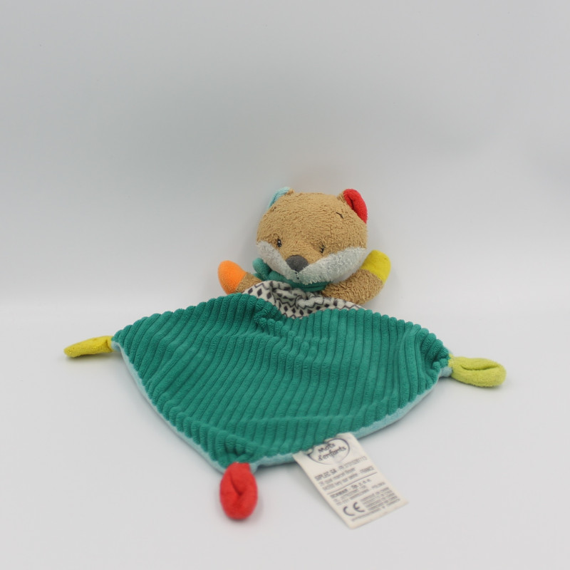 Doudou plat renard beige vert orange rouge MOTS D'ENFANTS