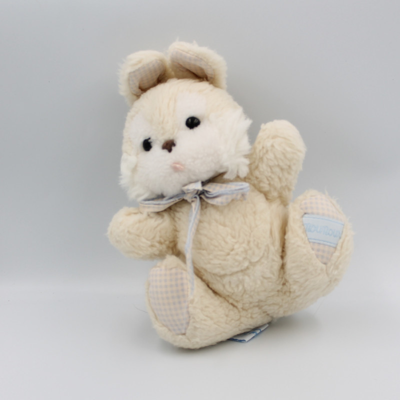 Ancienne peluche doudou lapin beige  bleu vichy NOUNOURS