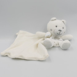 Doudou ours blanc gris rayé coeur tendre mouchoir Cajou SUCRE D'ORGE
