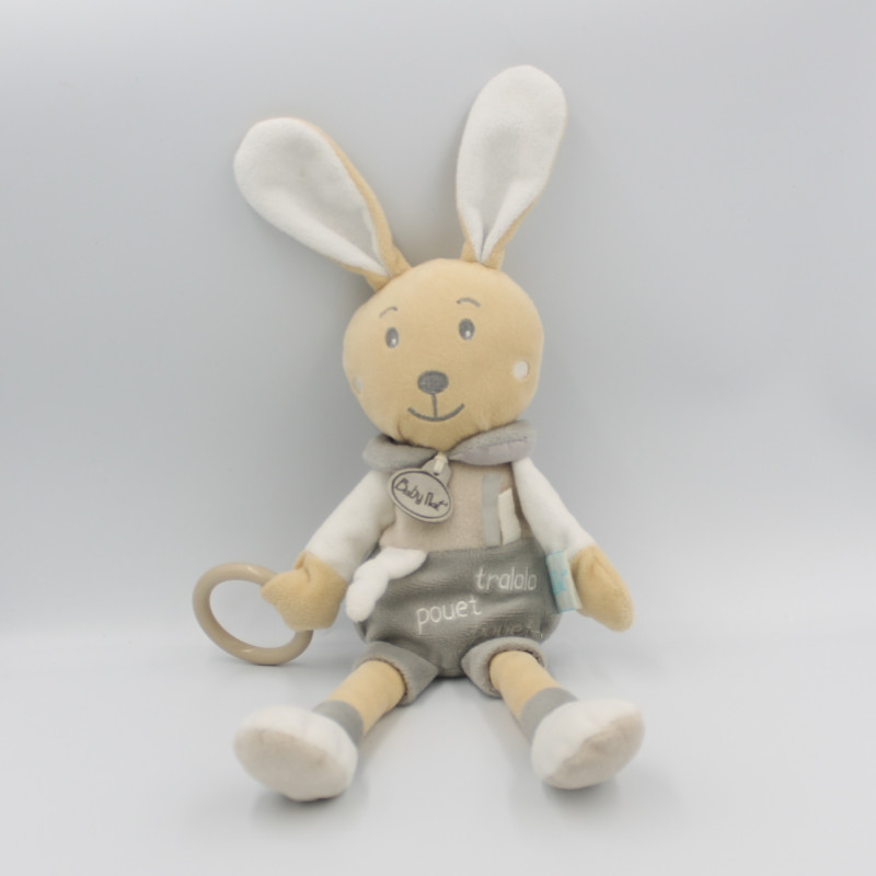 Doudou lapin beige blanc gris pouet tralala Perlim anneau Baby nat