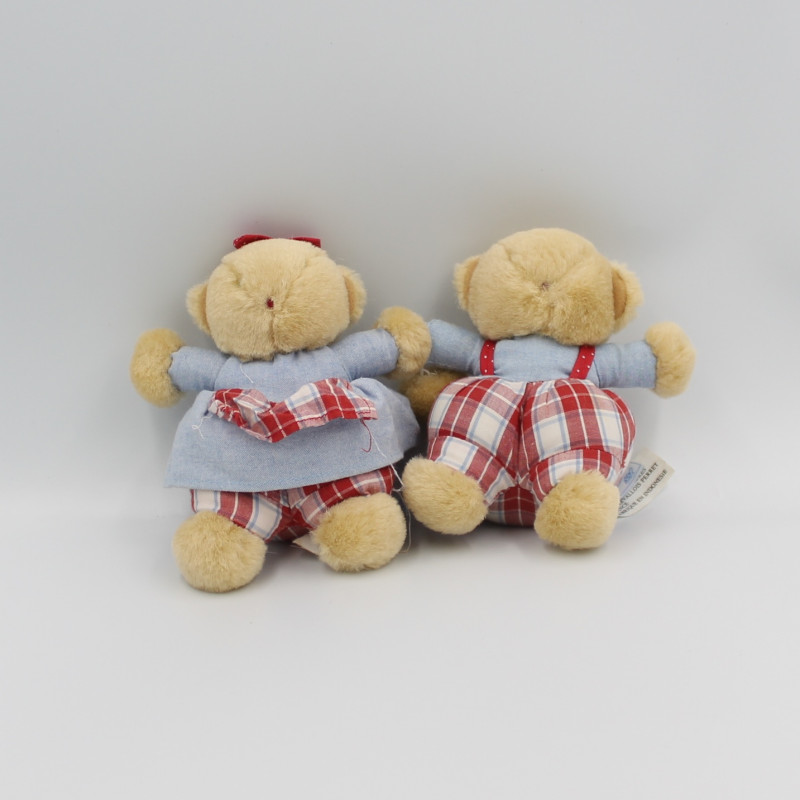 Doudou peluche ours beige bleu rouge carreaux JACADI