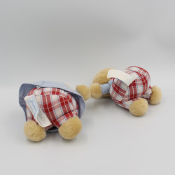 Doudou peluche ours beige bleu rouge carreaux JACADI