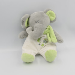 Doudou éléphant gris blanc vert lune étoiles