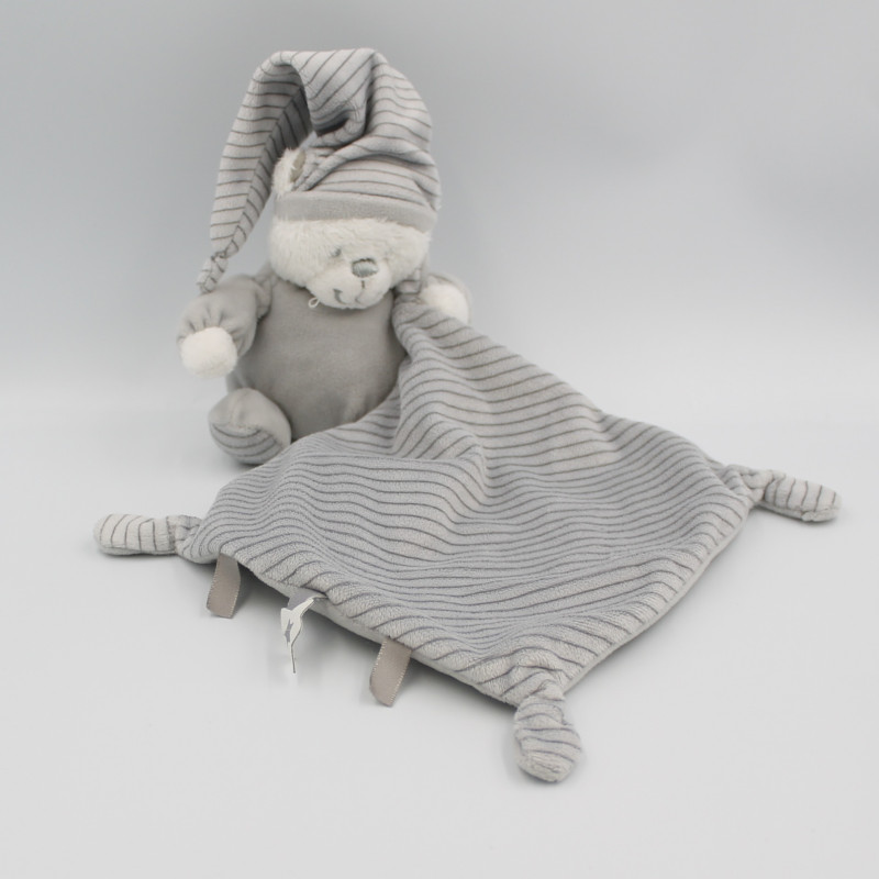 Doudou ours gris blanc rayé nuage mouchoir MAX & SAX