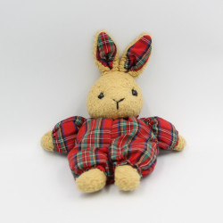 Ancienne peluche doudou lapin beige rouge carreaux