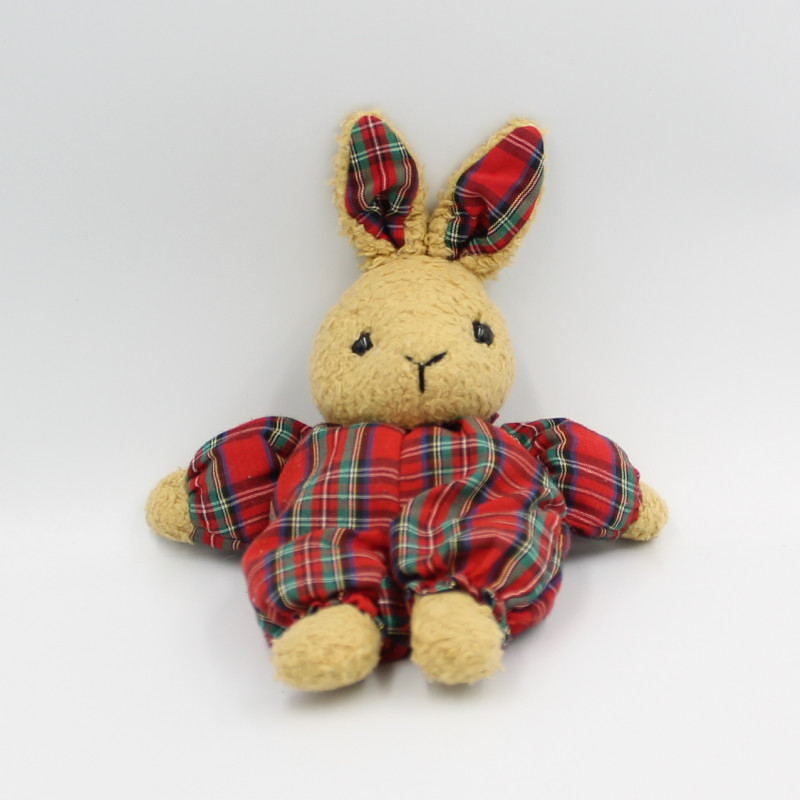 Ancienne peluche doudou lapin beige rouge carreaux