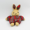 Ancienne peluche doudou lapin beige rouge carreaux