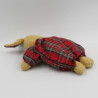 Ancienne peluche doudou lapin beige rouge carreaux