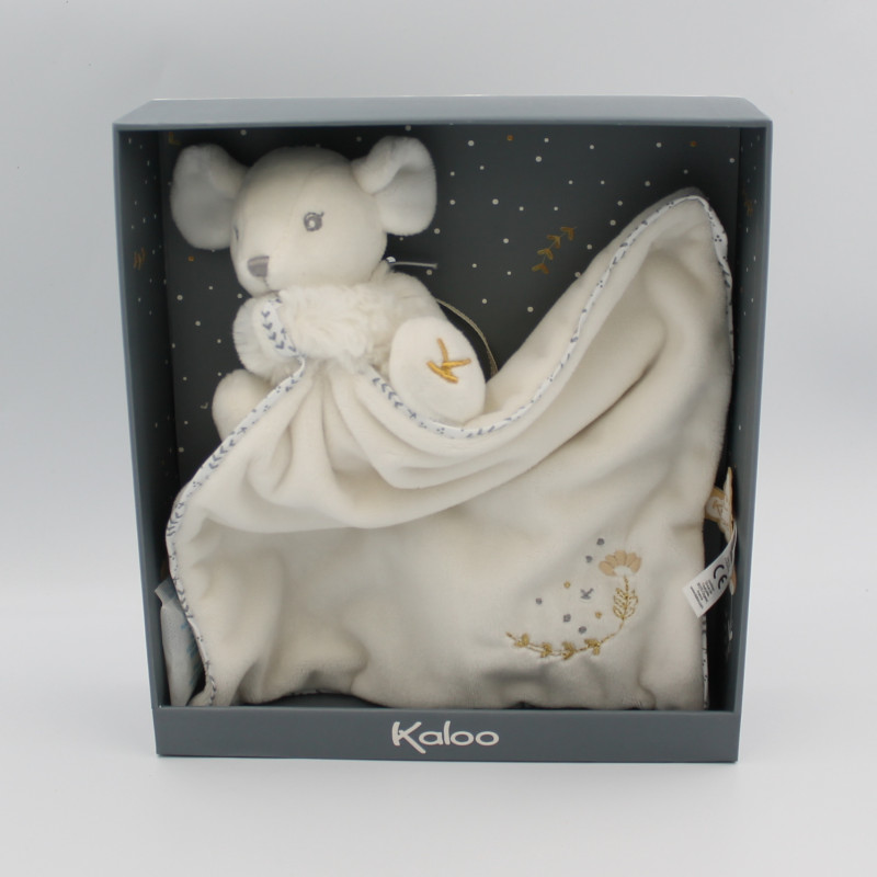 Doudou plat souris blanche crème mouchoir perle KALOO