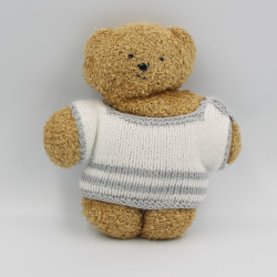 Peluche ours marron beige pull blanc gris laine