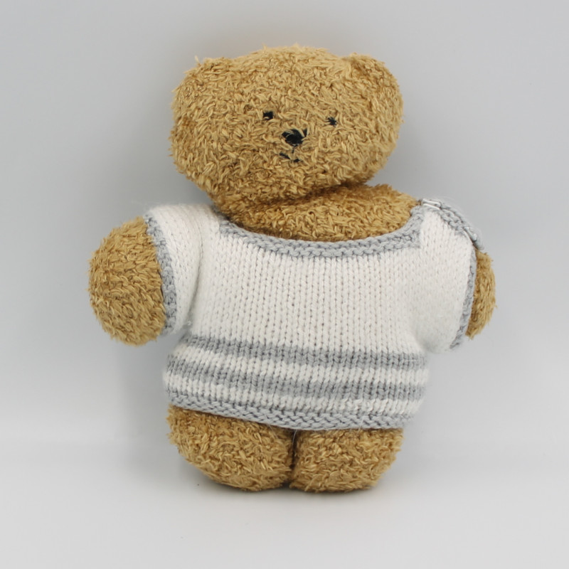 Peluche ours marron beige pull blanc gris laine