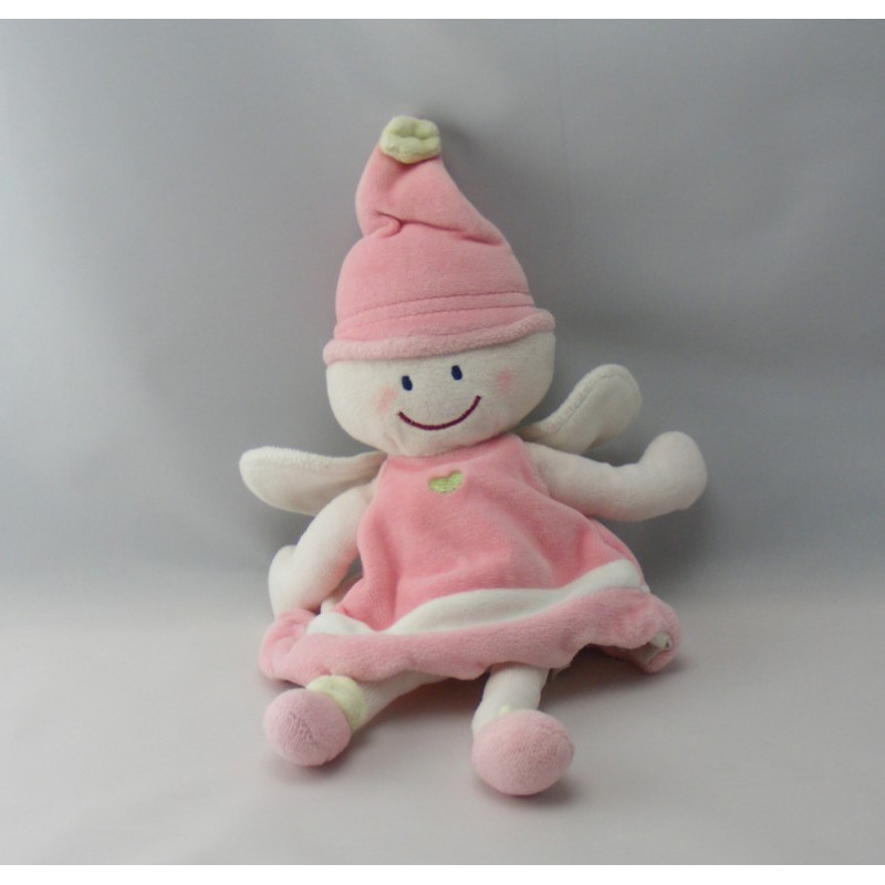 Doudou lutin fille fée robe rose coeur vert attache tétine SUCRE D'ORGE