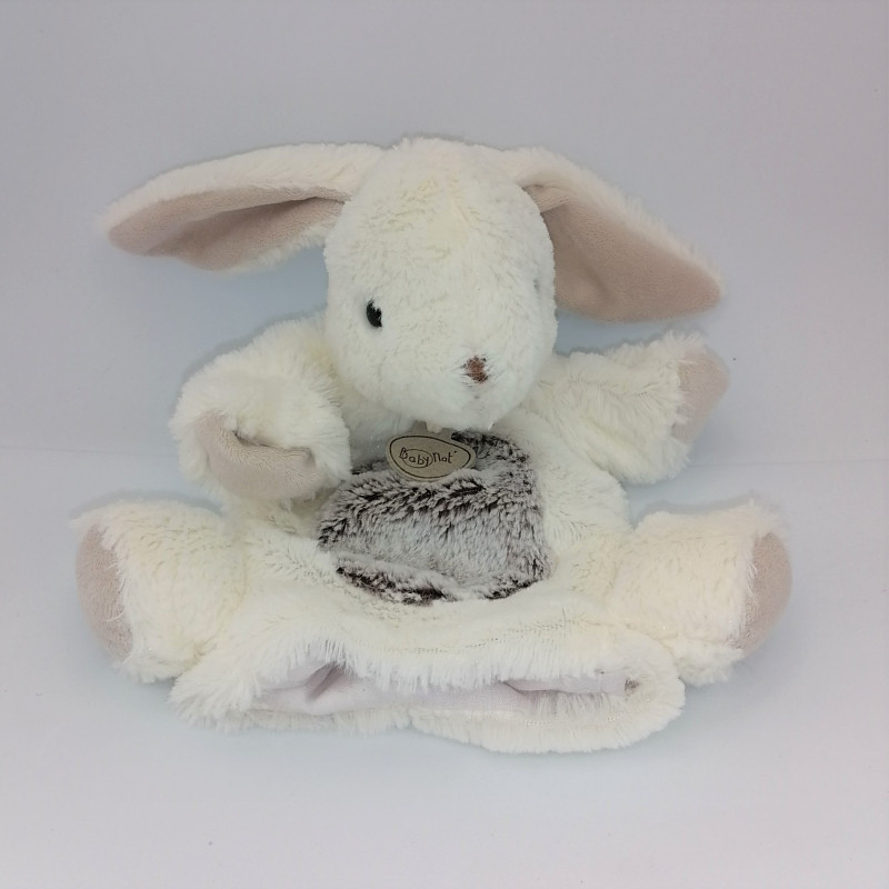 Doudou plat marionnette lapin blanc marron Flocons BABY NAT